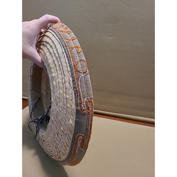 Vintage Straw Hat Woven With Design Embroidered‎ Orange Yellow Small 7" Opening - Picture 12 of 16